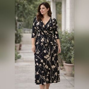 RN Studio Black and Cream Floral Long Sleeve Dress